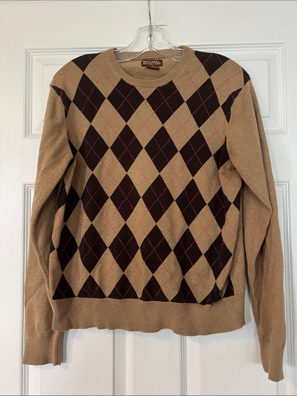 Michael Kors Tan Argyle Crewneck Sweater with Brown Diamonds and Pink Stitching
